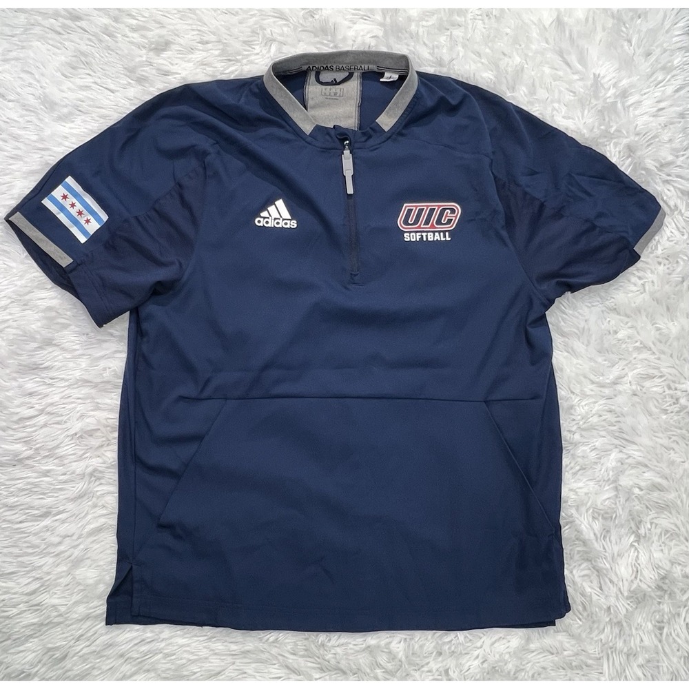 Adidas UIC Flames Softball Short Sleeve 1/4 Zip Cage Jacket Navy Blue Medium